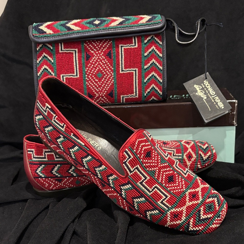 Donald J. Pliner Red and Green Beaded Loafers with Clutch